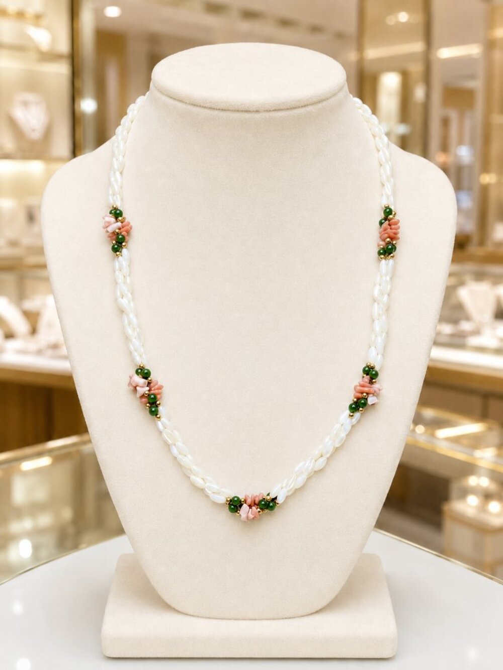 Genuine Rice Pearl, Green Jade, And Pink Spiny Oyster Shell Necklace - Picture 9 of 10